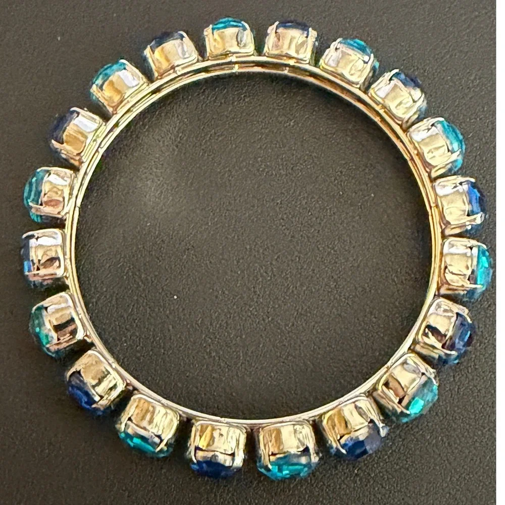 Rhinestone Bangle Bracelet Blue Teal Silver Tone Chunky